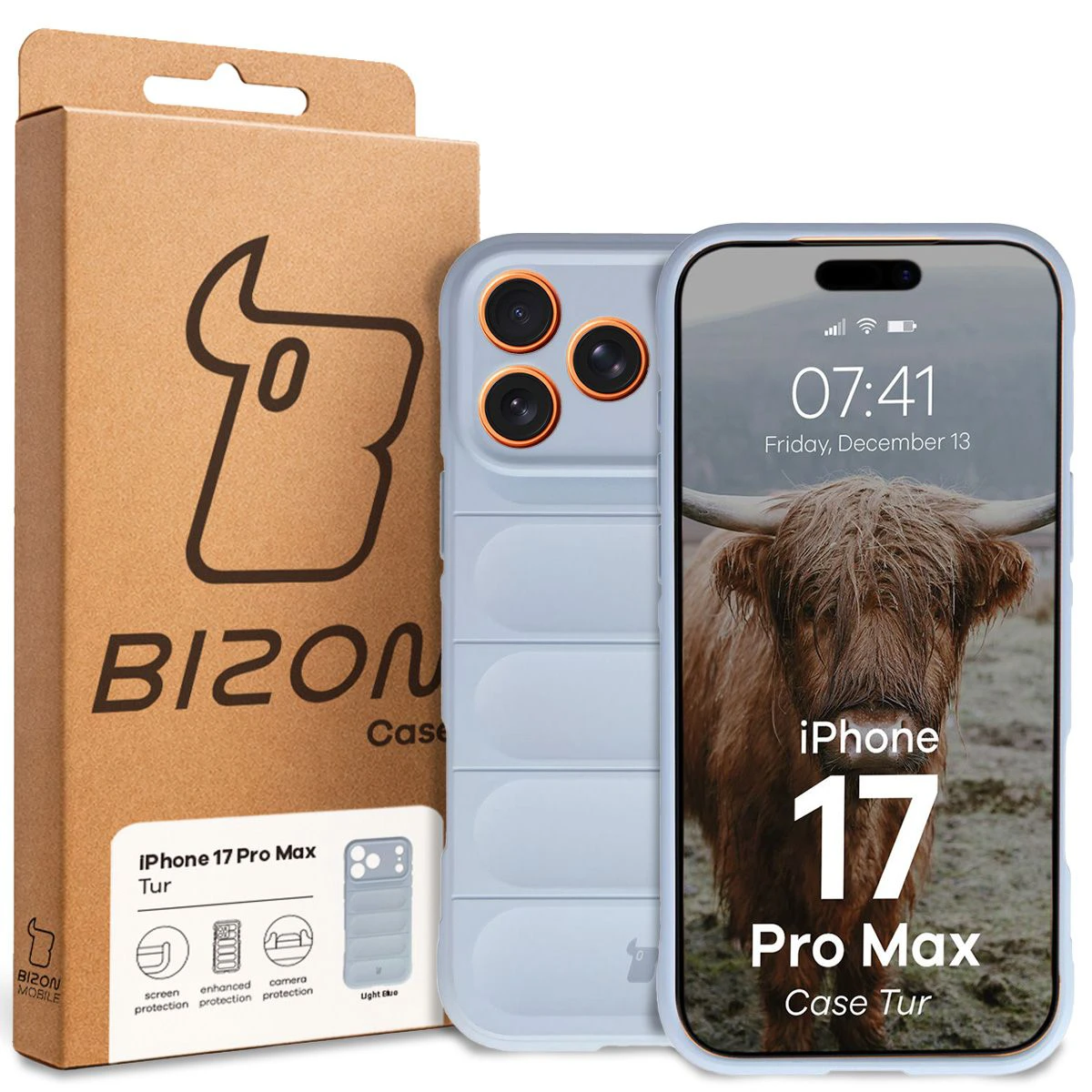 Przód pudełka Bizon Case z dedykowaną etykietą do Apple iPhone 17 Pro Max